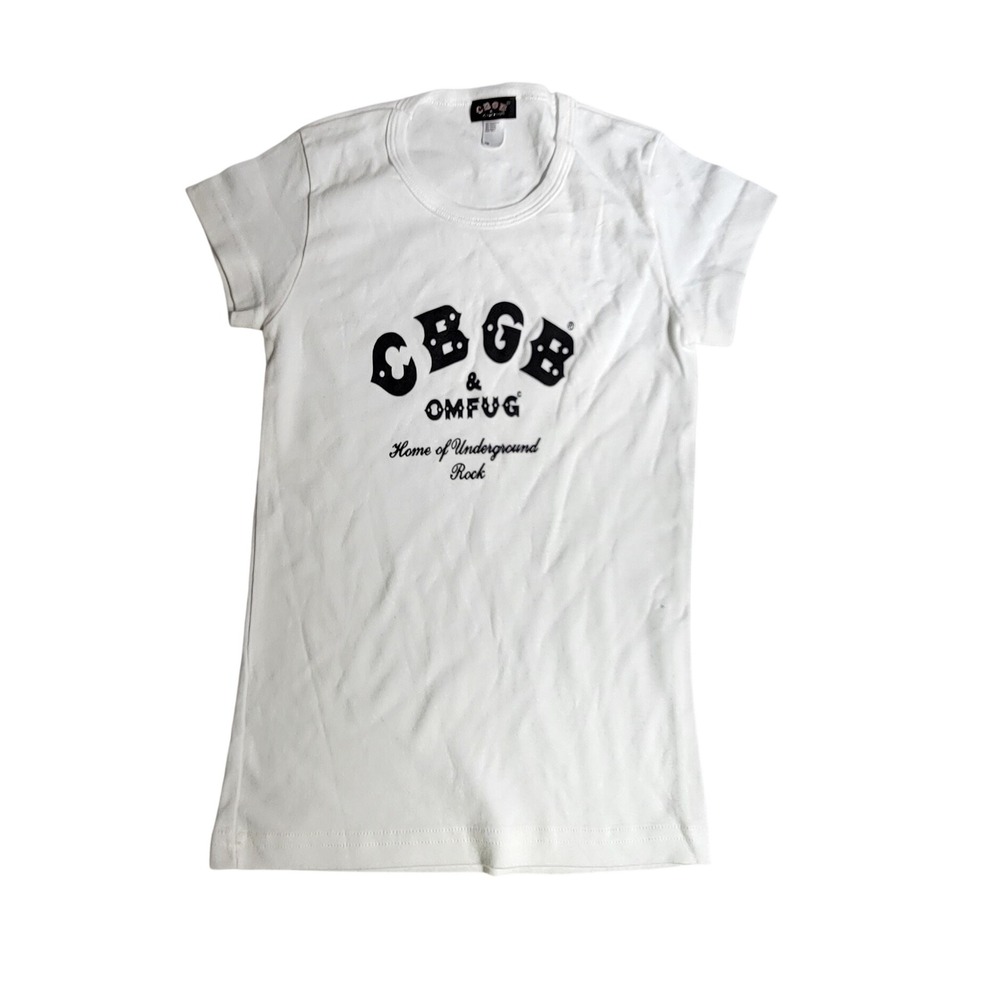CBGB OMFUG Home of Underground Rock White Graphic T-Shirt XS Slim Fit Baby Tee
